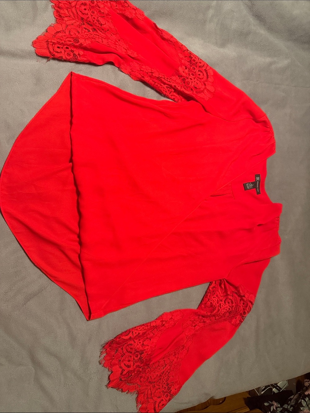 INC International Concepts Red V-Neck Lace Bell Sleeve Blouse